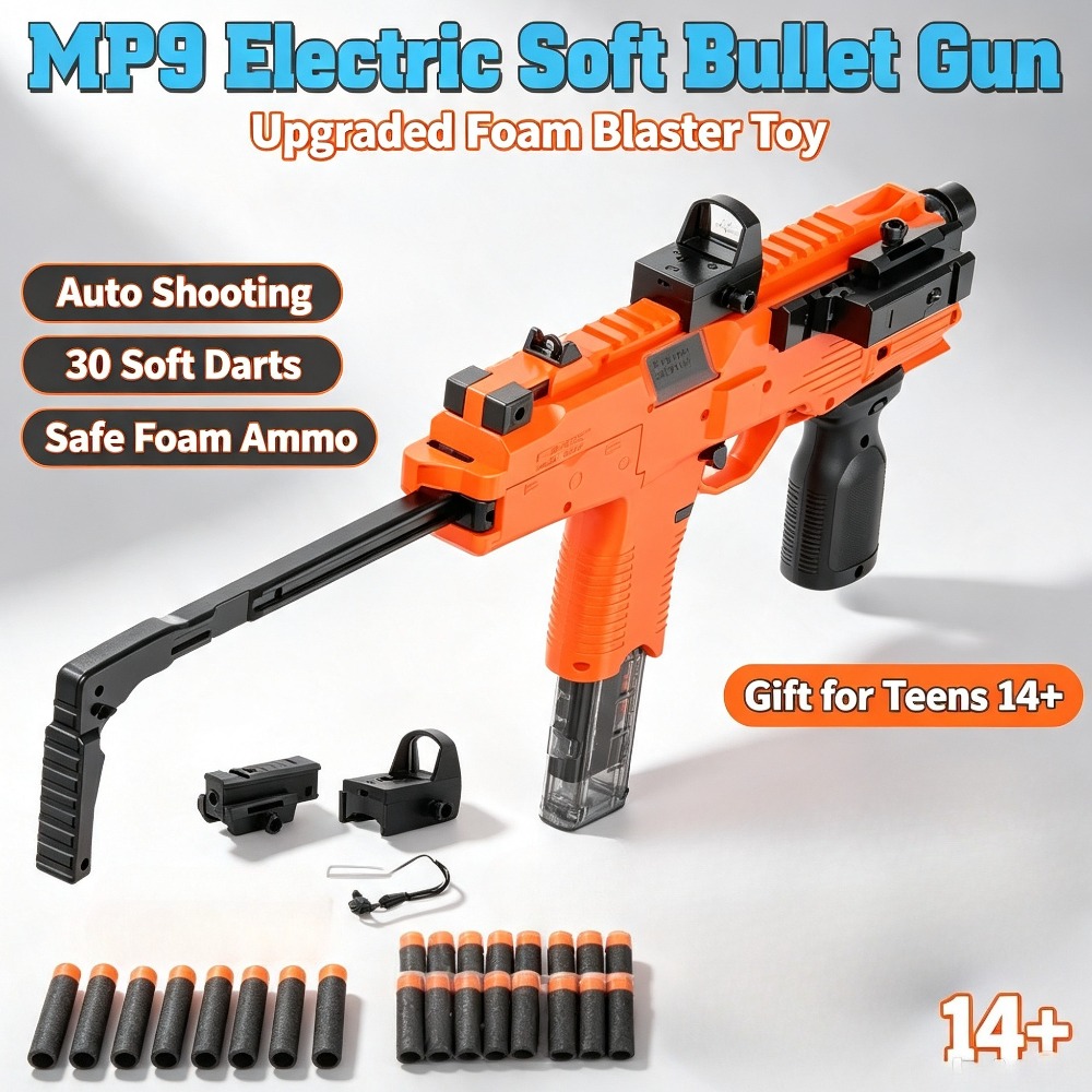 Foam Dart Gun - MP9電動おもちゃ銃フォームダーツブラスターEVAソフト弾丸サブマシンガン自動発射おもちゃ屋外バトルゲーム（ティーン向け）