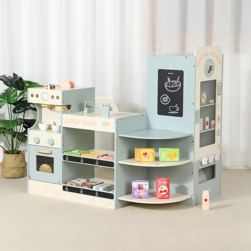 Kids Toys Stores - 子供用木製食料品店プレイセット、子供用プレイストア木製スーパーマーケットプレイセット（レジ、コーヒー自動販売機付き）