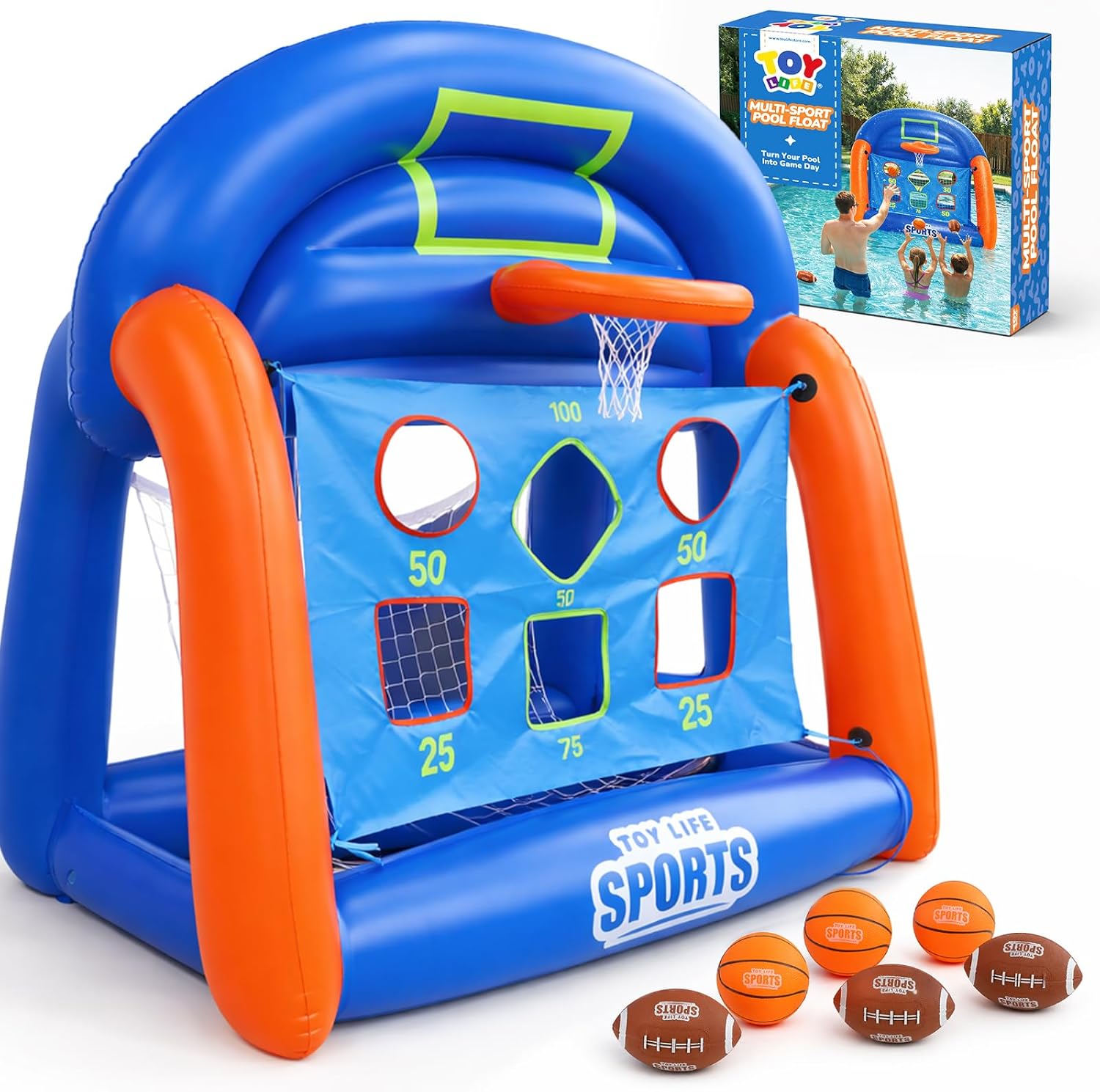 Kids Toys And Games - 子供、ティーンエイジャー、大人向けのマルチスポーツプールゲーム用インフレータブル - バスケットボール＆フットボールウォータープレイセット、5歳から12歳向けの楽しい家族で遊べるプールトイ
