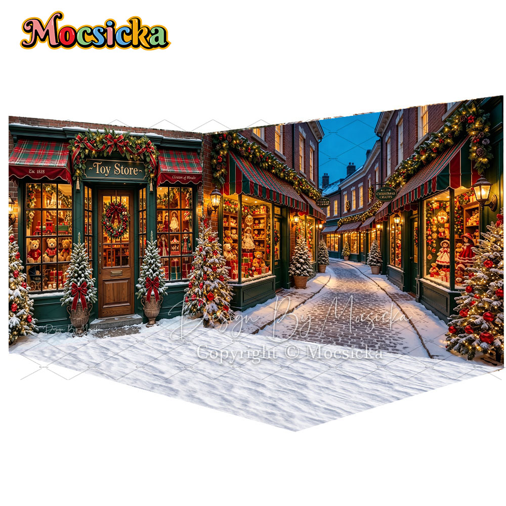 Kids Toys Stores - モシッカ クリスマスおもちゃ店 街角の背景幕 写真撮影 雪の降るヴィンテージ街 パインツリーの背景