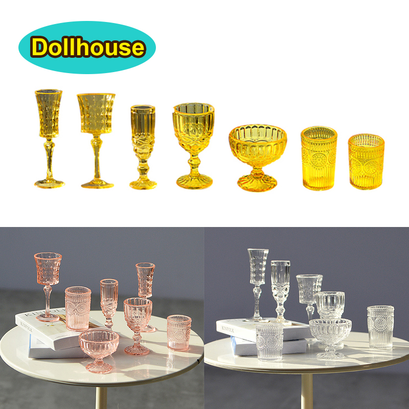 Dollhouse Furniture Set - 7 ピース/セット 1:6 ミニチュアウォーターカップ彫刻ワイングラスシャンパングラスモデルキッチン家具ドールハウスアクセサリーふりおもちゃ