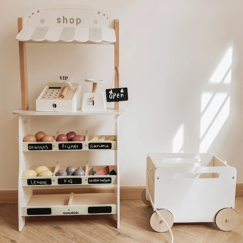 Toy Cash Register - 食料品店ごっこ遊び 木製おもちゃフルーツラック ナチュラルスタイルマーケットラック おもちゃの食べ物セット おもちゃのレジ付き