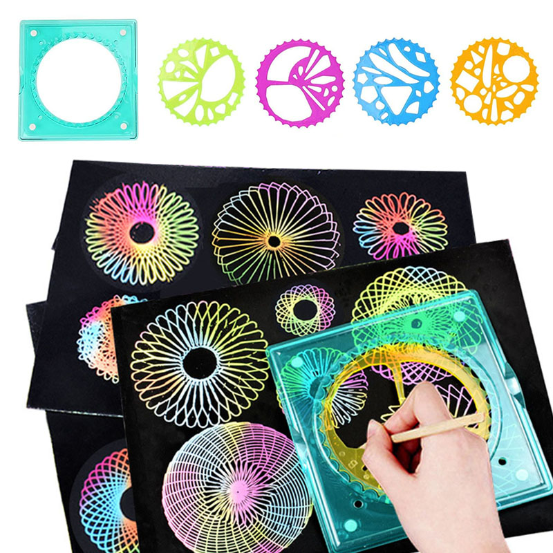 Kids Toys Under £5 - 5 in 1スパイラルアートギア幾何学定規マジックレインボー スクラッチペーパー子供用DIY描画玩具スパイラルカーブペイントステンシルテンプレート
