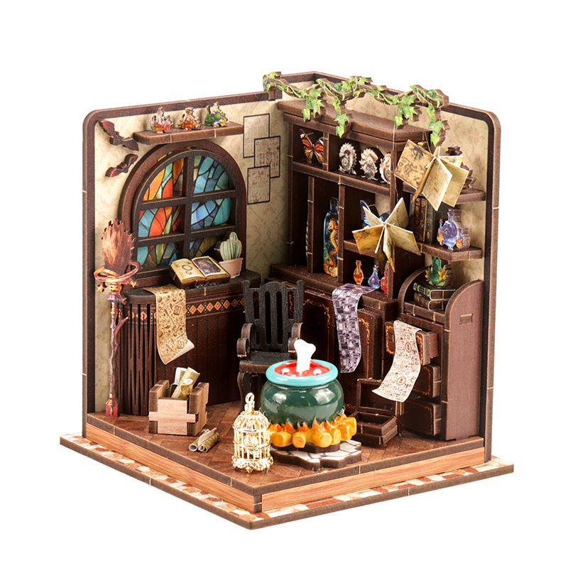 Dollhouse Furniture Set - DIY木製ミニチュアモデルキット魔法のポーションワークショップカーサドールハウス3Dパズルドールハウス家具ライト付き友達へのギフト