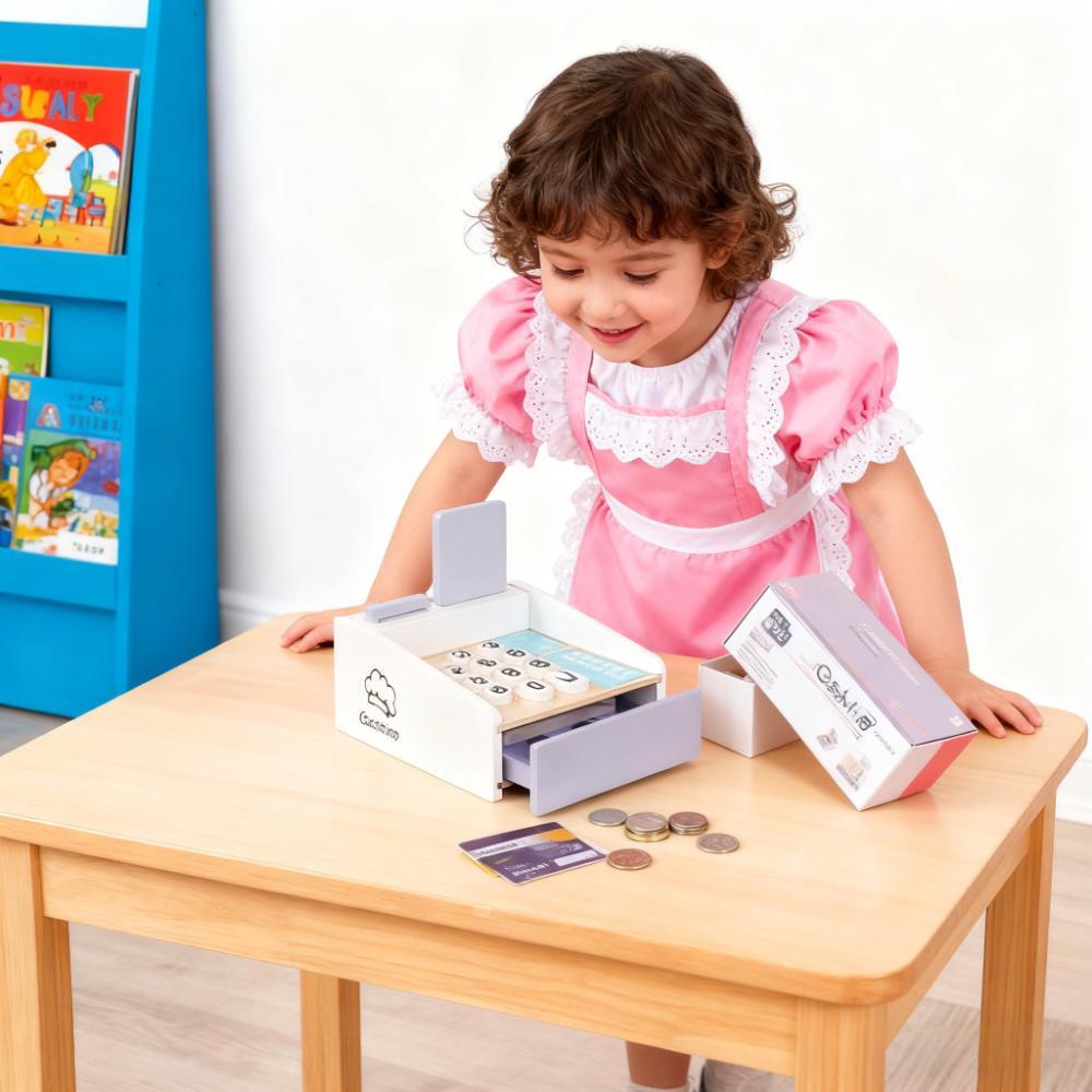 木製キッズレジスターごっこ遊びセット、インタラクティブなチェ - Toy Cash Register のレビューと価格