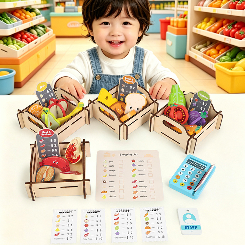 木製スーパーマーケットごっこ遊びセット、子供用シミュレーショ - Toy Cash Register のレビューと価格