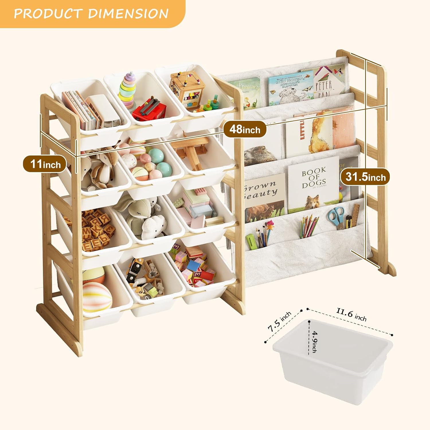 無垢パイン材製子供用おもちゃ収納オーガナイザー、本棚と12個 - Kids Toys Stores のレビューと価格